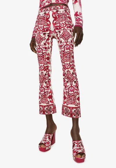 Dolce & Gabbana Maiolica Cropped Printed Silk-blend Flared Pants In Pink