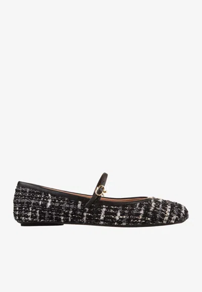 Gianvito Rossi Carla Leather-trimmed Tweed Mary Jane Ballet Flats In Black