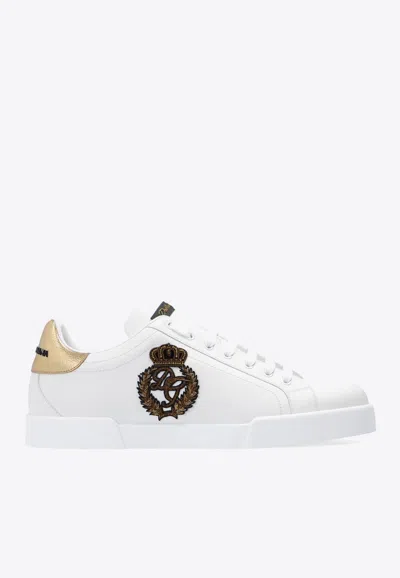 Dolce & Gabbana Iconic Leather Sneakers With Embroidered Crest And Luxurious Detailing In White