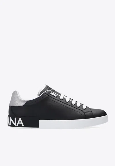 Dolce & Gabbana Portofino Sneakers In Black Leather With Silver Inserts In Black