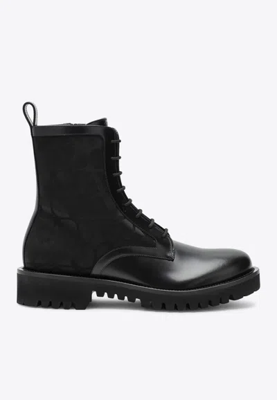Valentino Garavani Toile Iconographe Combat Boot In Toile Iconographe Technical Fabric And Calfskin In Black
