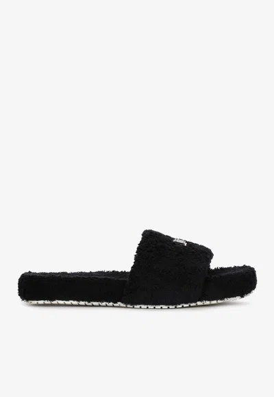 Dolce & Gabbana Terrycloth Slides With Logo Plate In Black