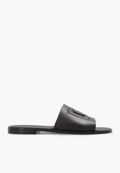 Dolce & Gabbana Black Sandals With Dg Logo Cut-out In Leather Man In Dark Brown