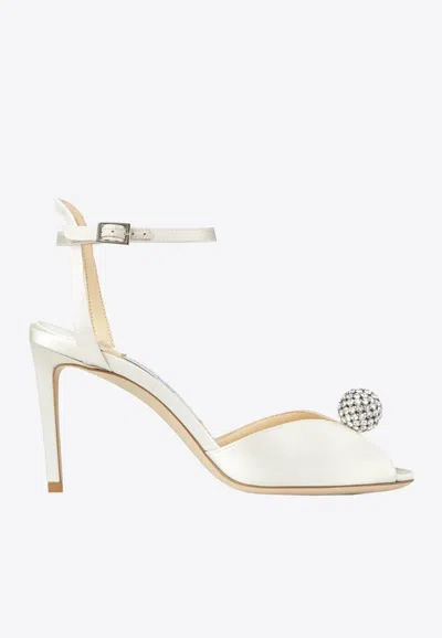 Jimmy Choo White Sacora 85 Glitter Leather Sandals In Ivory