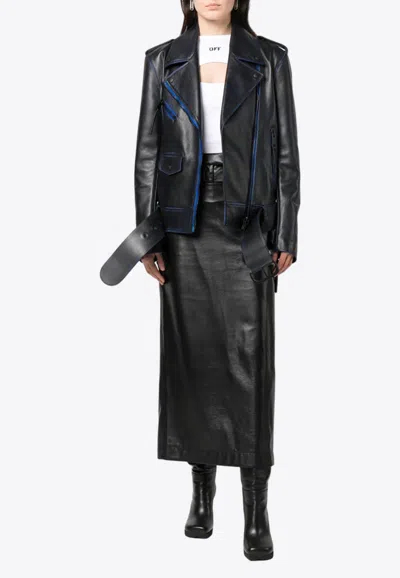 Off-white Contrast-trim Leather Jacket In Blue
