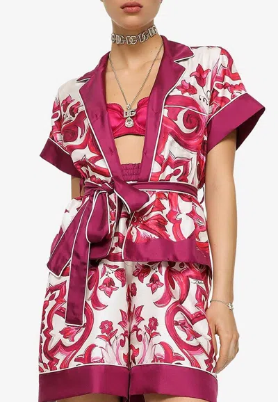 Dolce & Gabbana Maiolica Belted Piped Printed Silk-twill Shirt In Multicolor