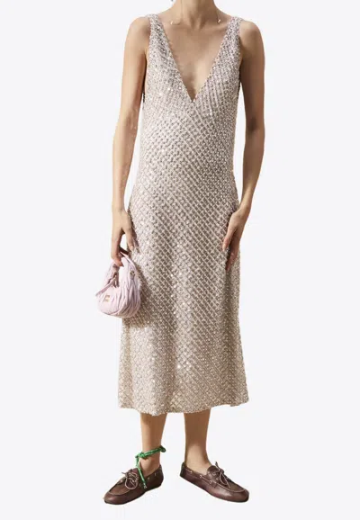 Miu Miu Embellished Midi Chiffon Dress In Silver