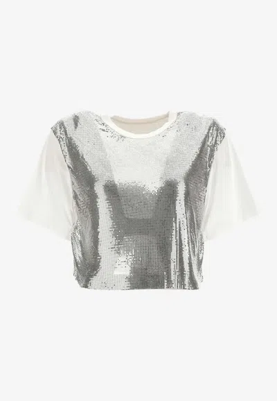 Rabanne Cropped Cotton-jersey And Chainmail T-shirt In Silver