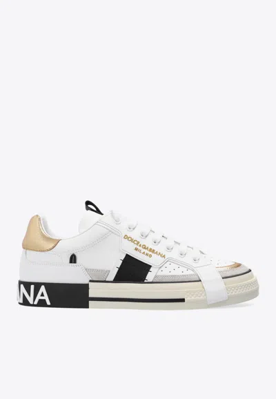 Dolce & Gabbana Custom Leather Sneakers With Metallic Inserts In White