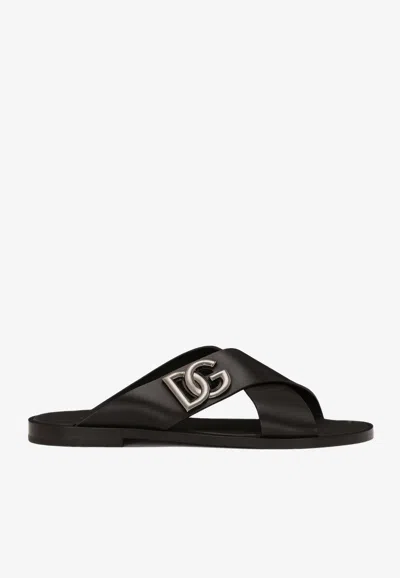 Dolce & Gabbana Black Sandals With Criss Cross Bands And Logo Detail In Leather Man In Black