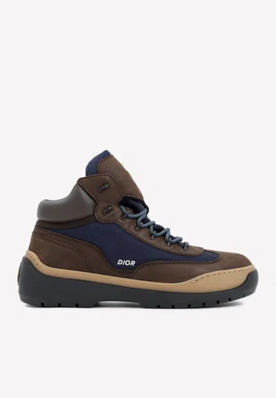 Dior Logo Round Head Lacing Splicing Boots In Brown