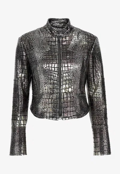 Tom Ford Metallic Croc Embossed Leather Jacket In Metallic