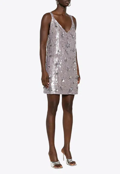 P.a.r.o.s.h Glow Sequined V-neck Mini Dress In Gray