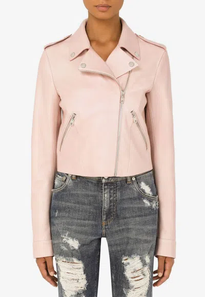 Dolce & Gabbana Leather Biker Jacket With Tab Details In Pink