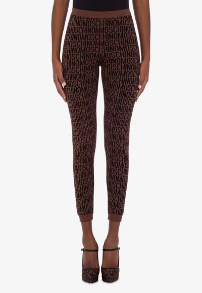 Moschino Logo Jacquard High-waist Leggings In Brown