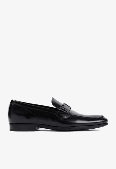 Tod's Double T Buckle Loafers In Brushed Leather In Black