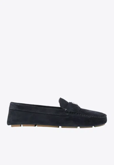 Prada Enamel-triangle-logo Suede Loafers In Blue