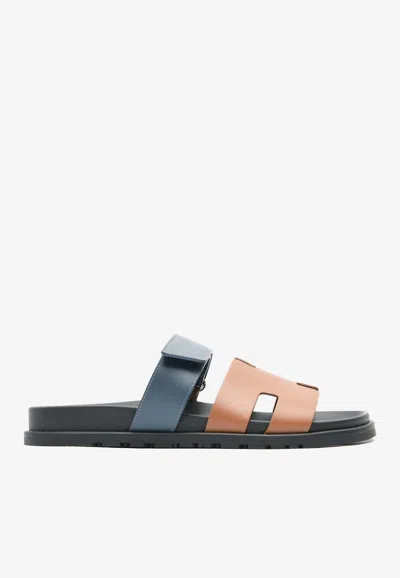 Pre-owned Hermes Chypre Sandals In Gold And Bleu Celeste Calfskin