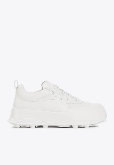 Jil Sander Orb White Low Top Sneakers With Cleated Sole In Leather In White