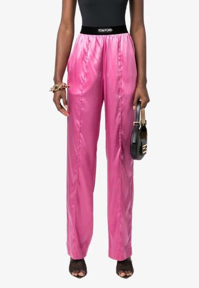 Tom Ford Velvet-trimmed Stretch-silk Satin Pants In Pink