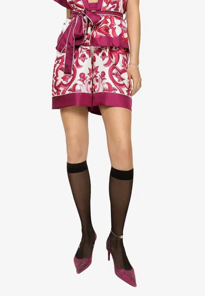 Dolce & Gabbana Majolica Print High-waist Silk Twill Shorts In Pink