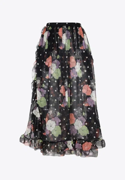 Etro Silk Skirt With Floral And Polka Dot Accents In Black