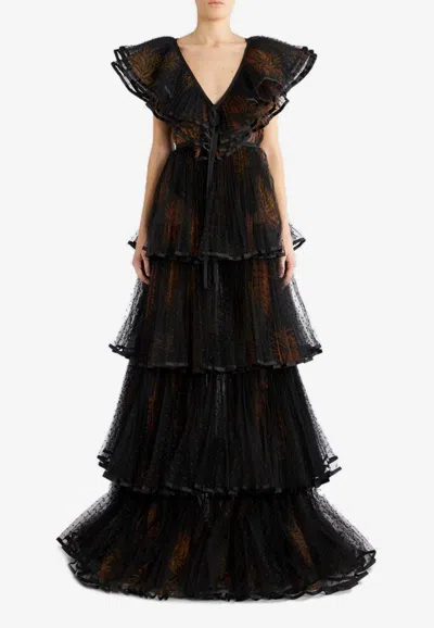 Etro Overlapping Printed Tulle Gown In Black