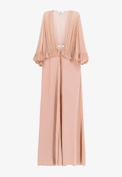 Chloé Robe Longue À Col En V En Crêpe De Satin Femme Rose Taille 40 100% Soie In Pink
