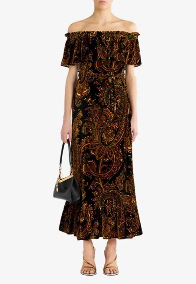 Shop Etro Paisley Off-shoulder Velvet Maxi Dress In Multicolor