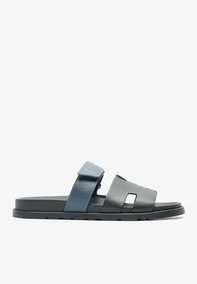 Pre-owned Hermes Chypre Sandals In Black And Bleu Celeste Epsom Leather