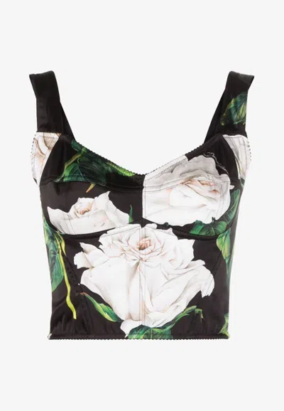 Dolce & Gabbana Satin Top With White Rose Print In Multicolor