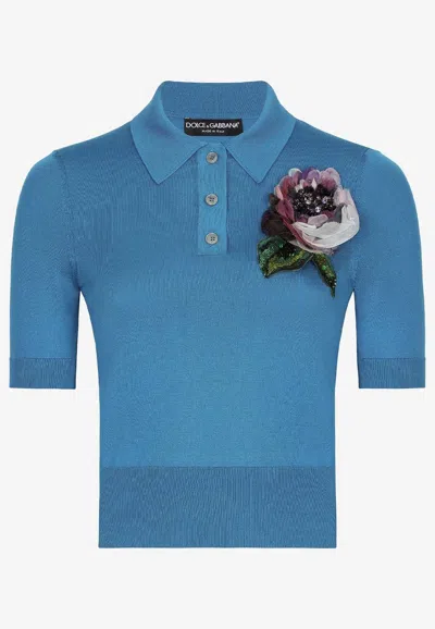Dolce & Gabbana Silk Henley Top With Floral Applique Detail In Blue