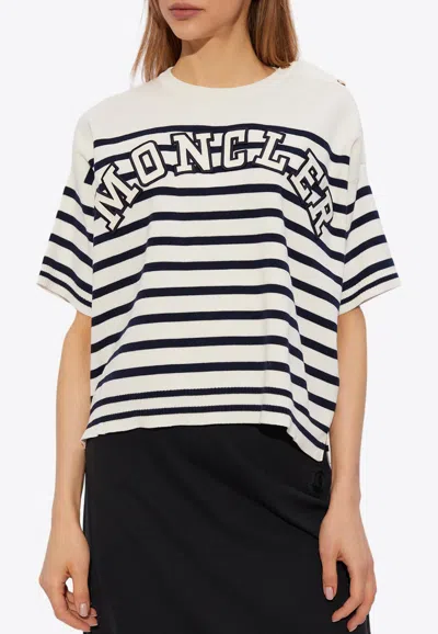 Moncler White Striped Logo Lettering T-shirt In White