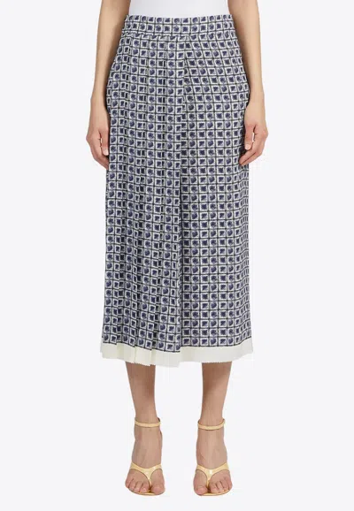 Ferragamo Graphic-print Pleat-detailing Skirt In Navy