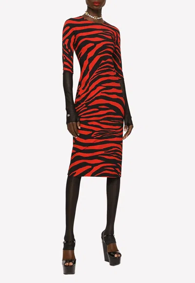 Dolce & Gabbana Zebra-print Jersey Midi Dress In Red