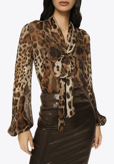 Dolce & Gabbana Leopard-print Chiffon Pussy-bow Shirt In Brown