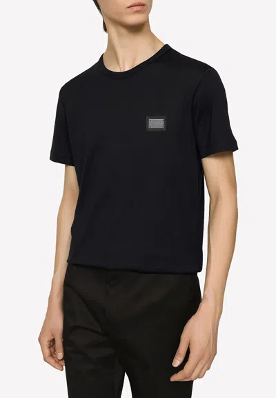 Dolce & Gabbana Black T-shirt With Logo Tag Detail On The Front In Cotton Man In Navy