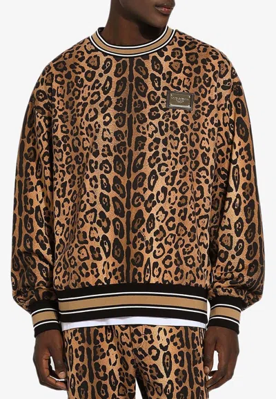 Dolce & Gabbana Logo Plaque Leopard Print Sweatshirt In Brown