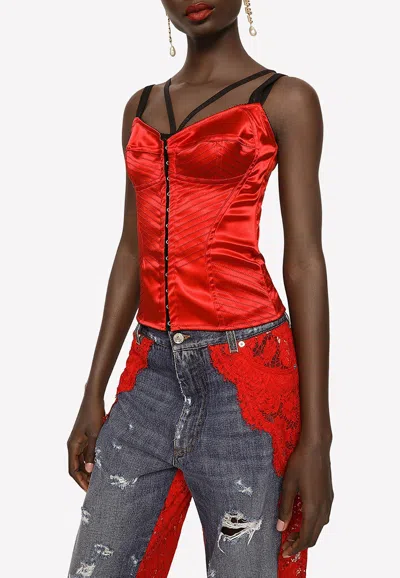 Dolce & Gabbana Satin Corset With Top-stitching And Hook-and-eye Fastenings In Red