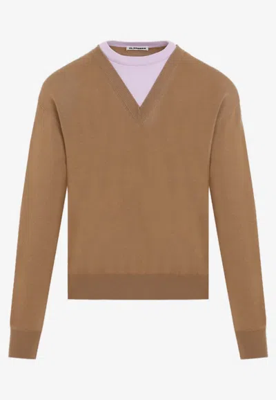 Jil Sander Brown And Lillac Double-neck Sweater In Wool Man In Beige