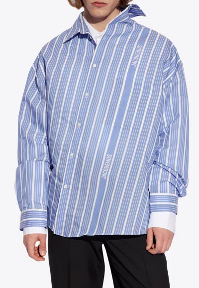 Jacquemus Light-blue Striped La Chemise Cuadro In Silk Blend Man In Blue