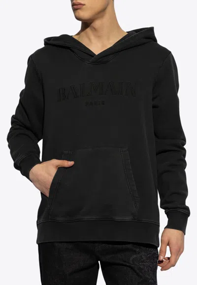 Balmain Logo-embroidered Hooded Sweatshirt In Black