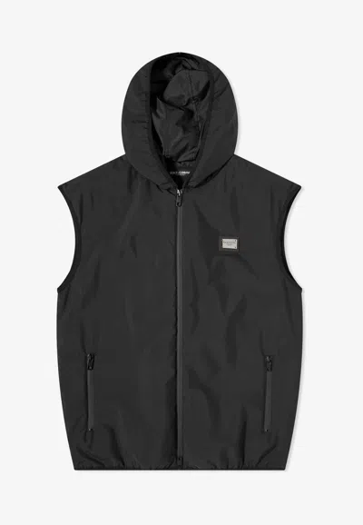 Dolce & Gabbana Logo Plaque Hooded Vest In Black