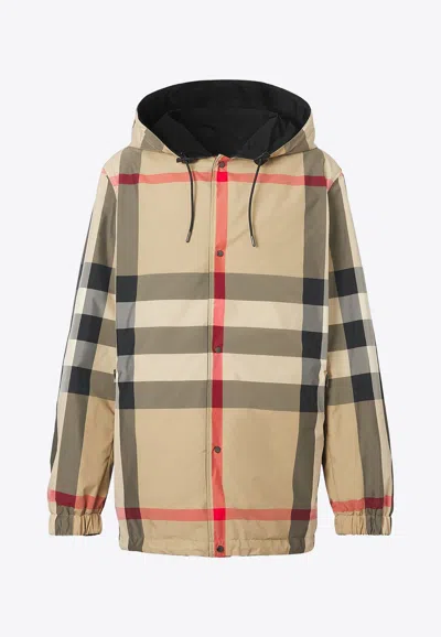 Burberry Reversible Check Recycled Polyester Hooded Jacket In Black