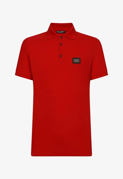 Dolce & Gabbana Polo Piquet Di Cotone Con Placca Logata In Red