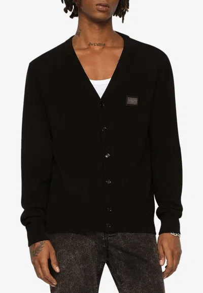 Dolce & Gabbana Logo Plaque Ribbed Cardigan In Black