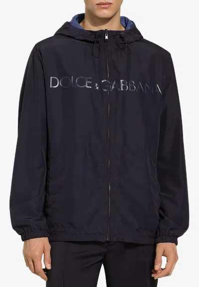 Dolce & Gabbana Reversible Jacket With Hood And Logo In Blue