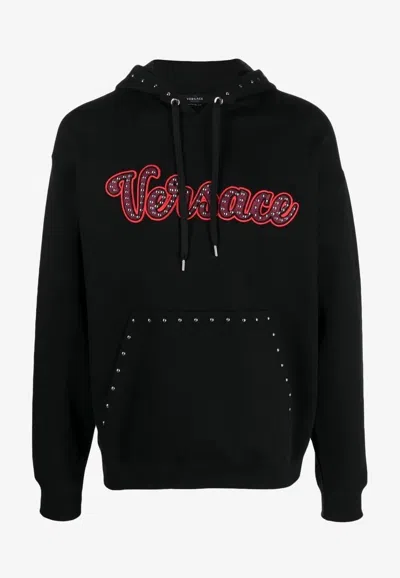Versace Studded Varsity Logo Hooded Sweatshirt In Black