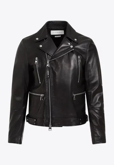 Alexander Mcqueen Slim-fit Zip-detailed Leather Biker Jacket In Black