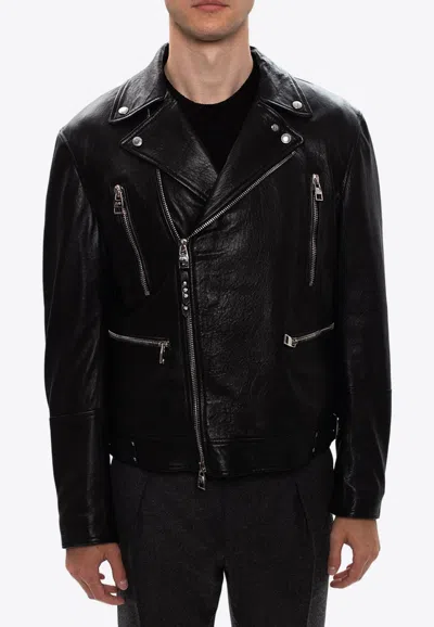 Alexander Mcqueen Slim-fit Zip-detailed Leather Biker Jacket In Black